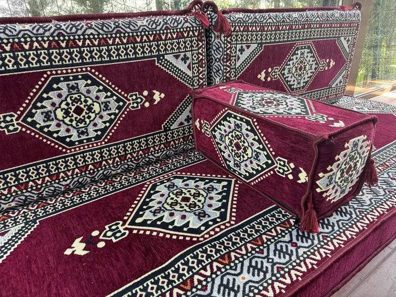 U şeklindeki zemin yastık seti, Türk zemin kanepe seti, etnik ev dekor oturma alanı, el yapımı kanepe, kabile tasarım kanepesi, oryantal boho salonu seti, - 8