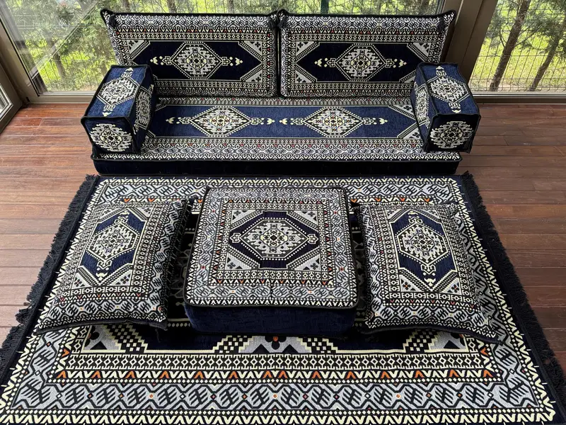 Osmanlı zemin oturma, geleneksel zemin kanepesi, u şeklinde zemin yastığı, kesit zemin oturma, Kilim desen yastığı, ev dekorasyonu, - 2
