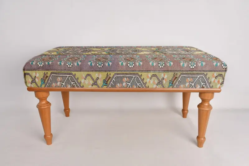 Geometric Bench, Mudroom Bench, Ottoman Bench, Upholstered Bench, Turkish Rug Bench, Kilim Bench, Home Decor Bench, Handmade Bench - 4