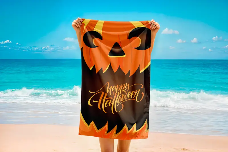 Happy Halloween Printed Towel, Pumpkin Face Design Beach Towel, Orange and Black Spooky Holiday Towel, Fall Gift, Golf Towel Gift