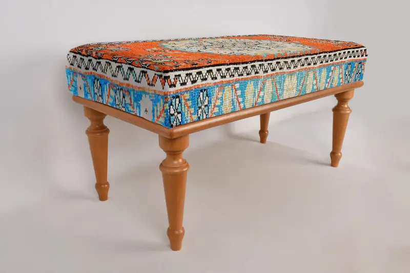 Antique Desing Bench, Bohemian Bench, Ottoman Bench, Upholstered Bench, Turkish Rug Bench, Kilim Bench, Home Decor Bench, Handmade Bench - 4