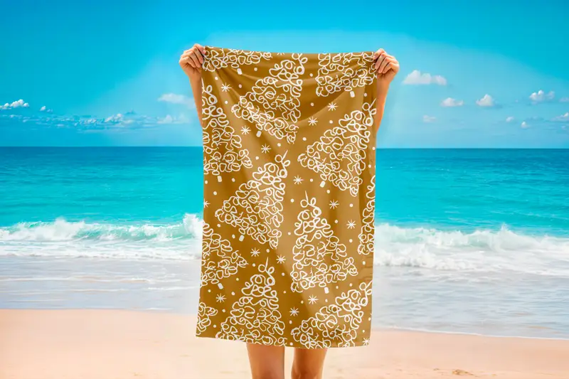 Golden Christmas Tree Printed Towel, Elegant Holiday Beach Towel, Festive Gold and White Design, Winter Gift, Golf Towel Gift