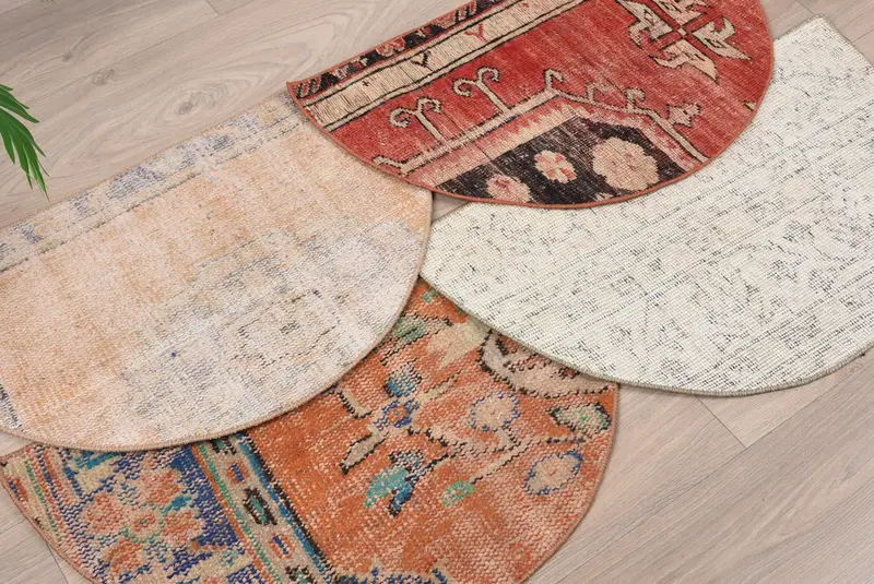 Handmade Vintage Kilim Doormat, Semicircular Half Round Rug, Eco-Friendly Entryway Mat, Turkish Boho Bathroom Rug, Small Space Accent Decor - 2