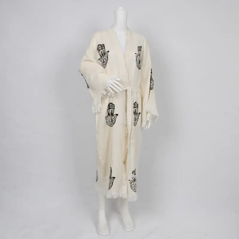 Muslin Morning Gown, The Hamsa Hand Bathrobe, Luxury Beach Dress, Spa Kimono