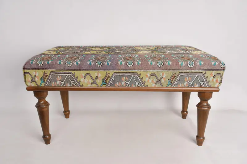 Geometric Bench, Mudroom Bench, Ottoman Bench, Upholstered Bench, Turkish Rug Bench, Kilim Bench, Home Decor Bench, Handmade Bench - 5