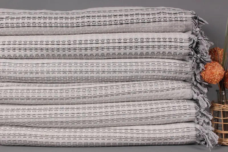 Beach Blanket, Custom Blanket, Light Gray Throw, Striped Blanket, 71x95 Inches Embroidered Bedspread, Camping Throw, Decor Throw, - 2