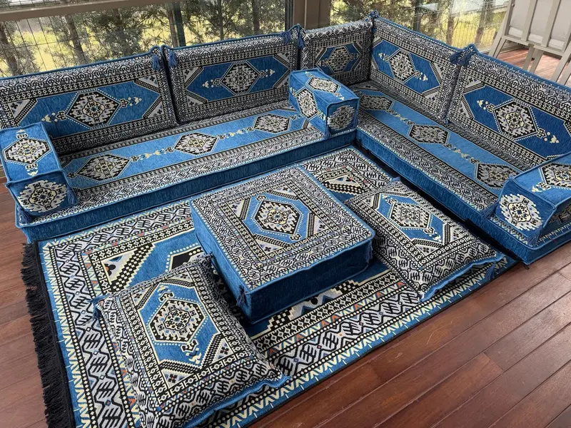 Mavi Osmanlı Zemin Oturma, Türk geleneksel kanepe, U şeklindeki zemin yastığı, Türk kanepe, zemin oturma, Kilim yastığı, eve taşınma hediyesi, - 2