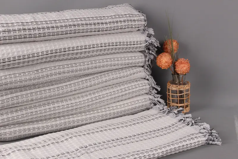 Beach Blanket, Custom Blanket, Light Gray Throw, Striped Blanket, 71x95 Inches Embroidered Bedspread, Camping Throw, Decor Throw, - 1