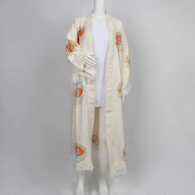Custom Beach Wear, Muslin Kimono, Evil Eye Design Dressing Gown, Muslin Housecoat, Spa Kimono