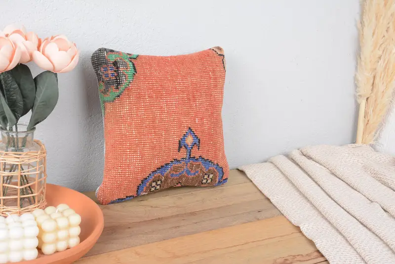 Handgefertigtes Southwestern Grün & Lila Wurfkissen, Vintage 12x12 Leinenkissen