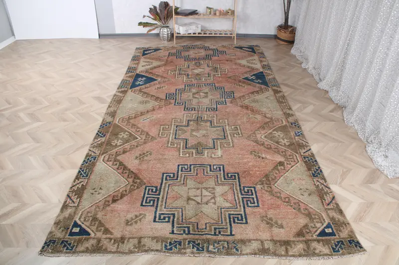 Türk Vintage Büyük Boy Halı 6.4x13.8 ft, Kırmızı Mavi Soyut Yün Halı - 1