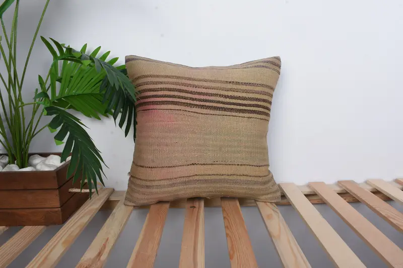 Pillow, Vintage Kilim Throw Pillow, 16x16 Beige Cushion Cover, Throw Kilim Pillow, Ethnical Kilim Rug Pillow, Office Chair Cushion - 1