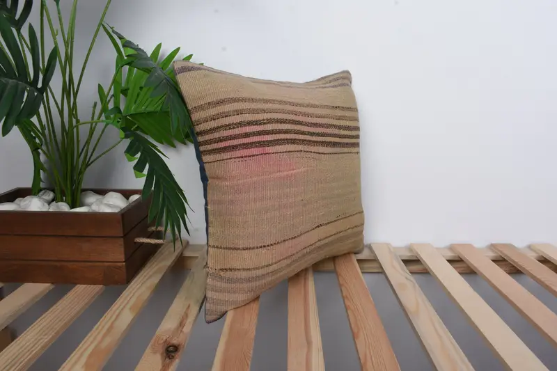 Pillow, Vintage Kilim Throw Pillow, 16x16 Beige Cushion Cover, Throw Kilim Pillow, Ethnical Kilim Rug Pillow, Office Chair Cushion - 4
