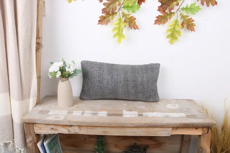 Home Decor Pillow, 8x16 Gray Pillow Case, Kilim Pillow, Crochet Pattern Cushion, Pillow Case, Turkish Bench Pillow Cover, Boho Pillow - 1