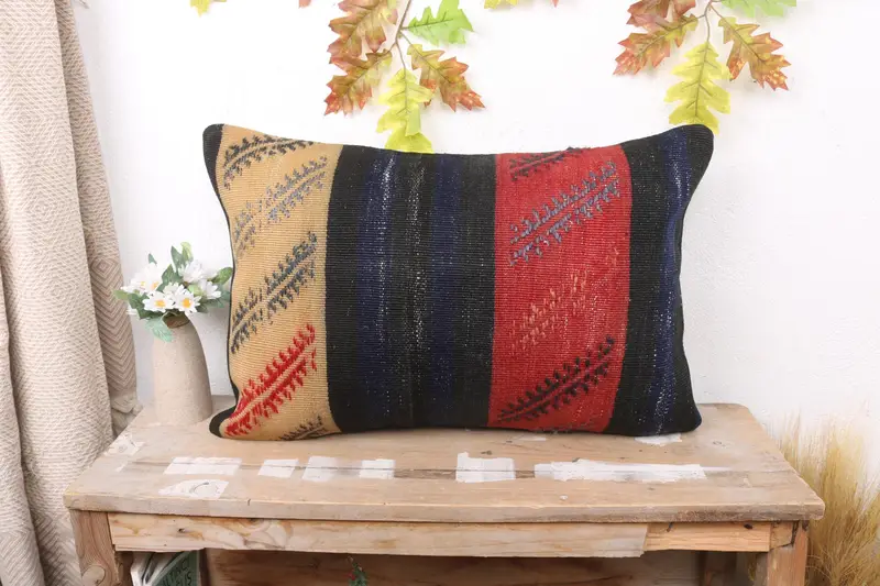 Rot & Beige gestreiftes Kissen, handgefertigtes besticktes Kissen