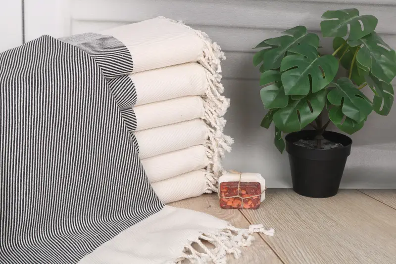 Personalized Black Striped Turkish Cotton Beach Towel for Bachelorette, 40x71 Inches