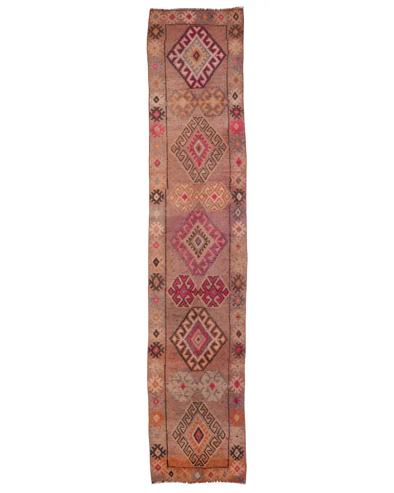Turkish Vintage Runner Rug 2.6x13 ft, Brown Red Solid Rug - 1