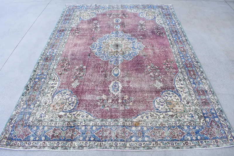 Vintage Teppich, Übergröße 7,9x11,1 ft türkischer Teppich, lila Tierdruck Wollteppich - 1