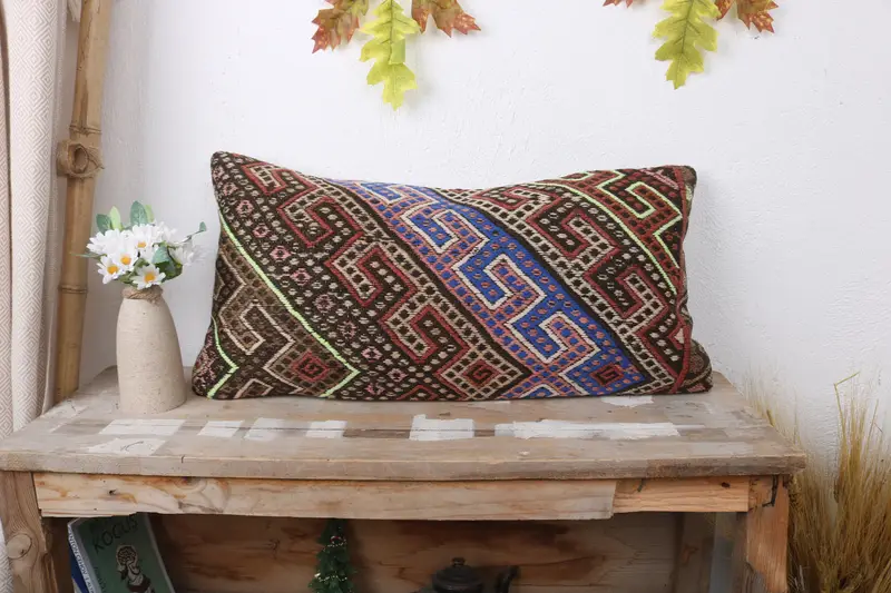 Pillow for Couch, Cushion, Handmade Kilim Cushion, 12x24 Blue Cushion Cover, Indoor Cushion Case, Pillow for Sofa, Accent Cushion Cover - 1