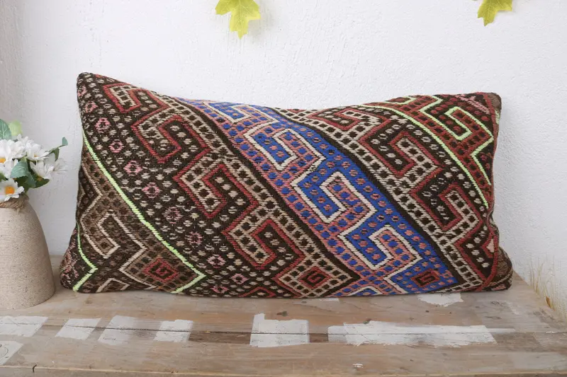 Pillow for Couch, Cushion, Handmade Kilim Cushion, 12x24 Blue Cushion Cover, Indoor Cushion Case, Pillow for Sofa, Accent Cushion Cover - 2