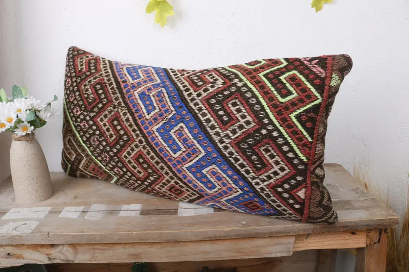 Pillow for Couch, Cushion, Handmade Kilim Cushion, 12x24 Blue Cushion Cover, Indoor Cushion Case, Pillow for Sofa, Accent Cushion Cover - 4
