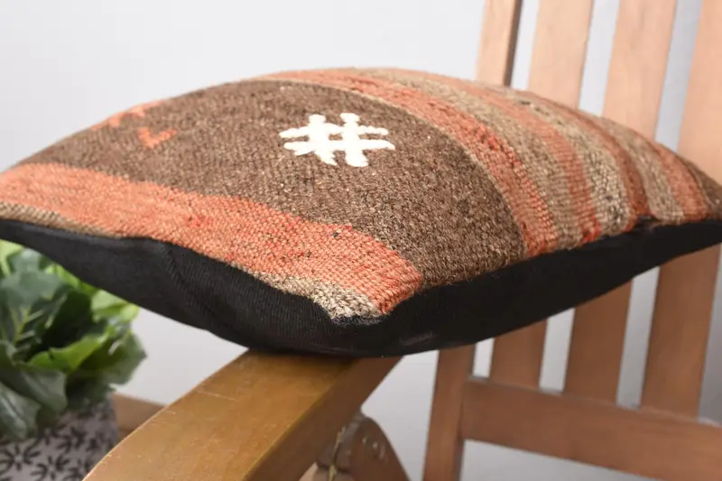 Wool Kilim Pillow Pillow Sham, 14x14 Brown Pillow Case, Vintage Kilim Throw Pillow, Cushion, Kilim Pillow, Boho Pillow Sham Cover - 6