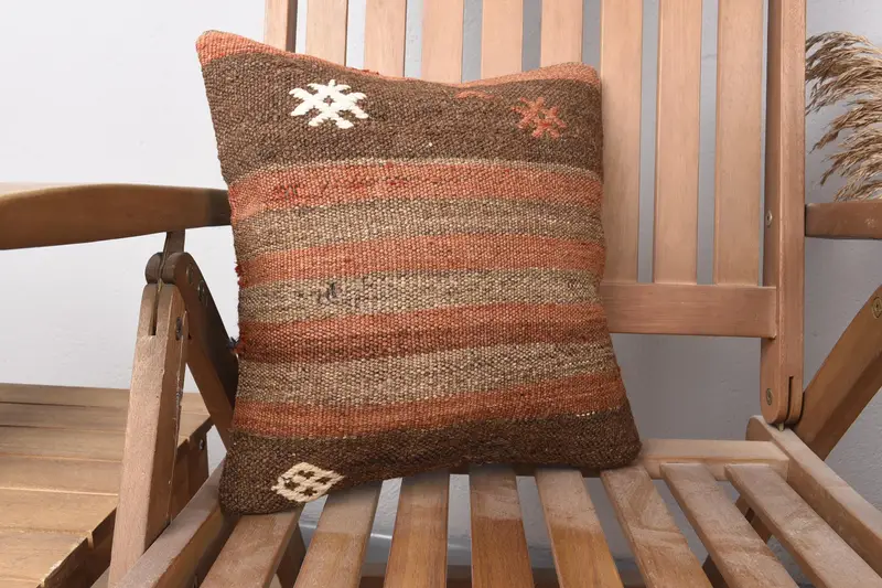 Wool Kilim Pillow Pillow Sham, 14x14 Brown Pillow Case, Vintage Kilim Throw Pillow, Cushion, Kilim Pillow, Boho Pillow Sham Cover - 2
