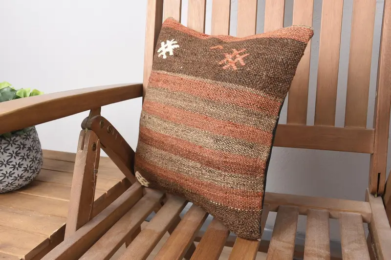 Wool Kilim Pillow Pillow Sham, 14x14 Brown Pillow Case, Vintage Kilim Throw Pillow, Cushion, Kilim Pillow, Boho Pillow Sham Cover - 3