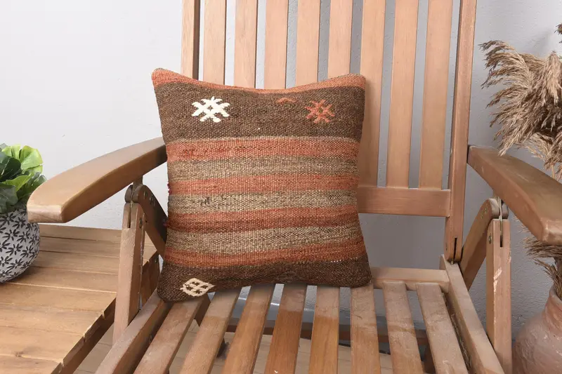 Wool Kilim Pillow Pillow Sham, 14x14 Brown Pillow Case, Vintage Kilim Throw Pillow, Cushion, Kilim Pillow, Boho Pillow Sham Cover - 1