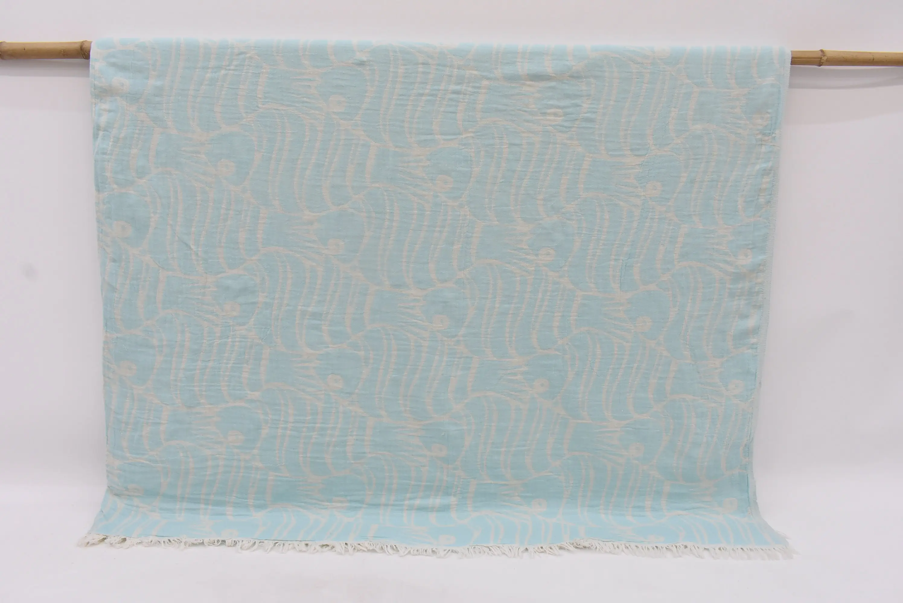 Boho Throw Blanket Light Mint Fish Design, 107x103 Inches - 1