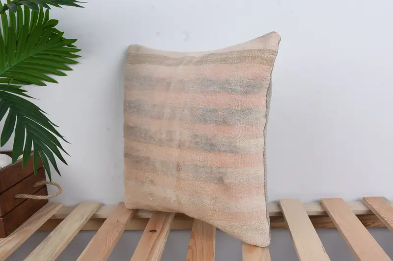 Comfy Throw Cushion Case, Vintage Pillow, Handmade Kilim Cushion, Throw Kilim Pillow, Hippie Throw Cushion, 14x14 Beige Cushion, Pillow Sham - 5