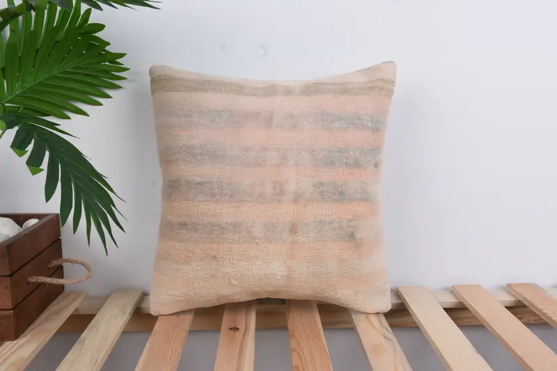 Comfy Throw Cushion Case, Vintage Pillow, Handmade Kilim Cushion, Throw Kilim Pillow, Hippie Throw Cushion, 14x14 Beige Cushion, Pillow Sham - 1