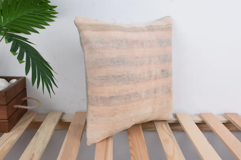Comfy Throw Cushion Case, Vintage Pillow, Handmade Kilim Cushion, Throw Kilim Pillow, Hippie Throw Cushion, 14x14 Beige Cushion, Pillow Sham - 4