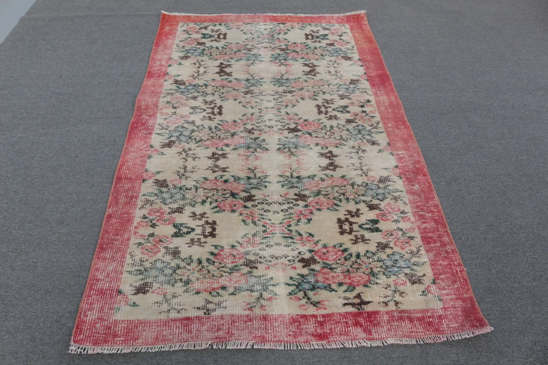 4x6.4 ft Türk Vintage Halı, Alan Kilim, Kırmızı Yün Halı - 1