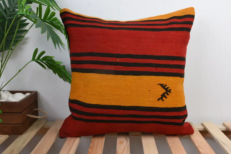 Turkish Corner Cushion Cover, Vintage Kilim Pillow, 20x20 Red Pillow Cover, Cushion Case, Pillow for Couch, Interior Designer Pillow - 1
