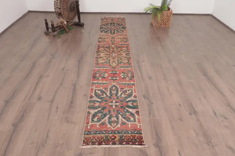 Turkish Vintage Runner Rug 1.6x10.2 ft, Red Blue Floral Wool Rug - 1