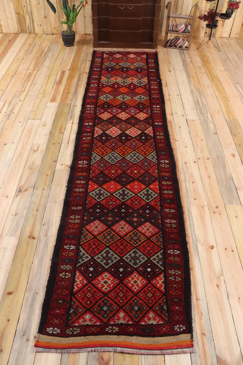 Turkish 3x13.9 ft Runner Rug, Vintage Rug, Herki Red Patchwork Rug - 1