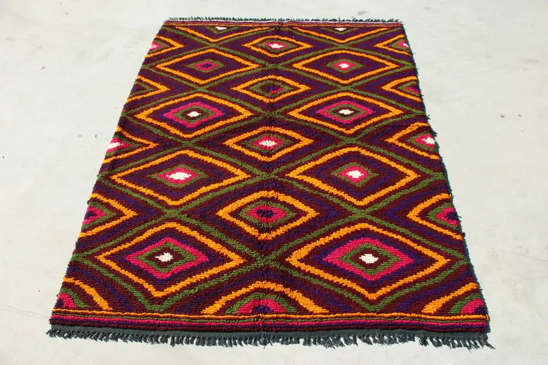 Vintage Türk Alan Halısı 4.5x5.9 ft, Mor Sarı Güneybatı Yün Halı - 1