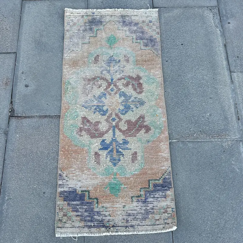 Vintage Small Rug, 1.4x3.1 ft Turkish Rug, Blue Oushak Wool Rug - 1