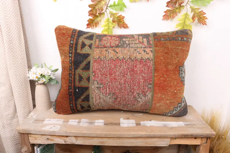 Rot & Orange Patchwork Kissen, handgemachtes Vintage Dekor