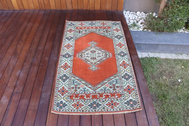 2.6x4.8 ft Vintage Rug, Turkish Small Rug, Orange Blue Abstract Rug - 1