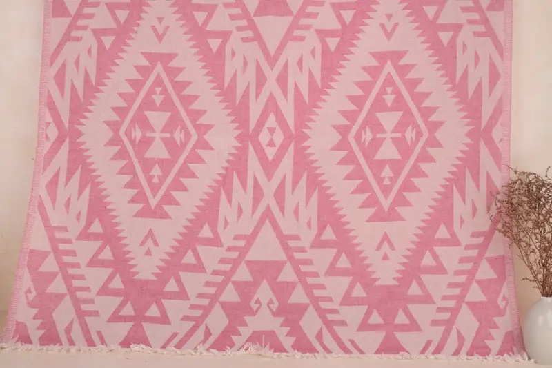 Personalized Geometric Pink Beach Towel, 40x75 Inches, Turkish Organic Cotton