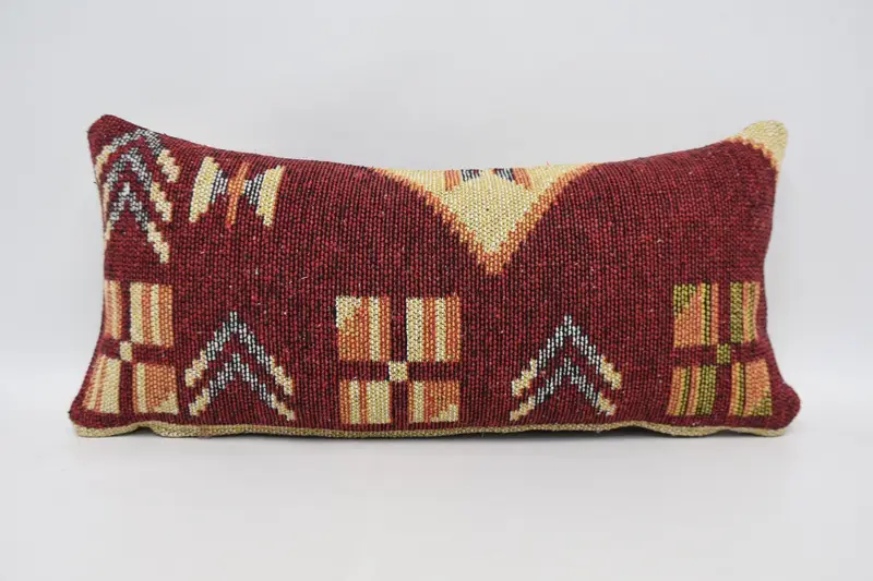 Geometric Red Turkish Cushion Cover, Antique Seasonal Decor 12x24 inch Pillow - 1