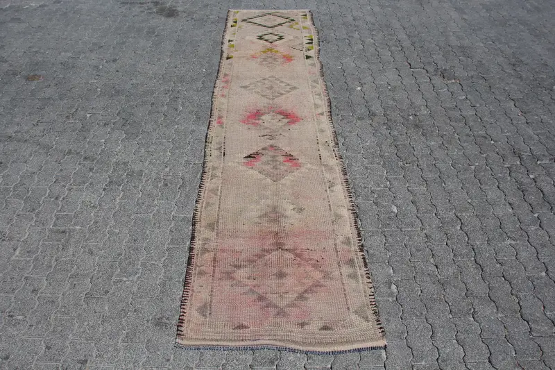 Turkish Vintage Runner Rug 2.8x11.6 ft, Gray Red Ombré Rug - 1