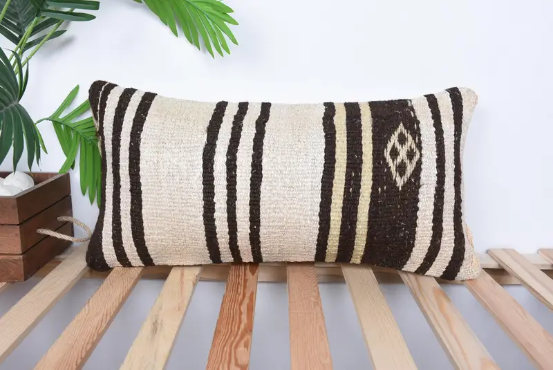 Pillow Case, Kilim Pillow, 12x24 Beige Cushion, Boho Pillow, Vintage Kilim Pillow, Handmade Throw Cushion, Boho Chic Pillow Sham - 1