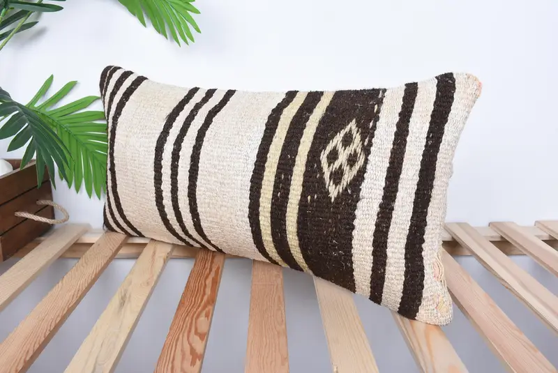 Pillow Case, Kilim Pillow, 12x24 Beige Cushion, Boho Pillow, Vintage Kilim Pillow, Handmade Throw Cushion, Boho Chic Pillow Sham - 5