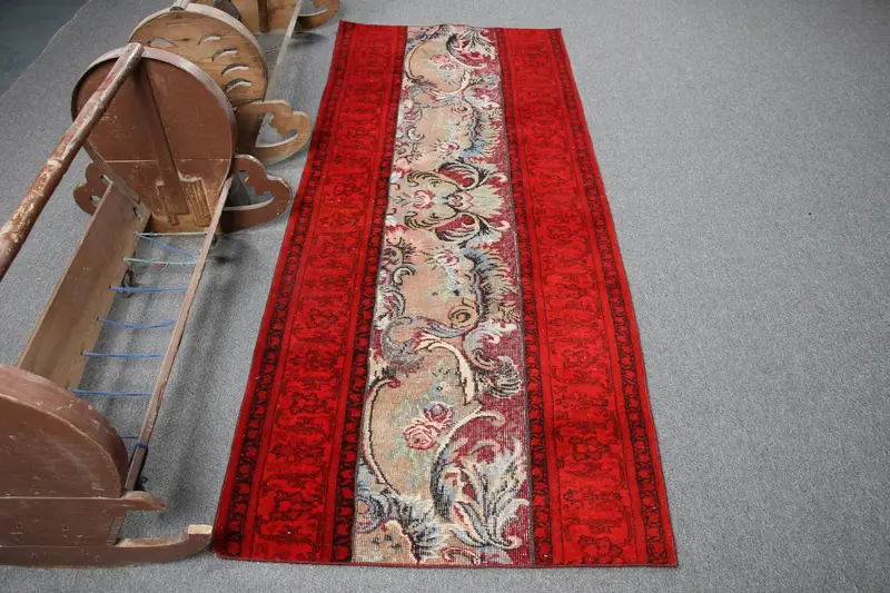 Turkish Vintage Rug 2.9x7.3 ft (88x222 cm), Oushak Red Rug - 1