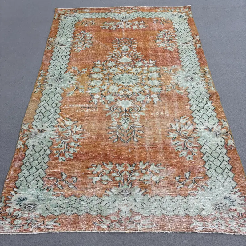 Vintage Türk Halısı 5.9x9.7 ft, Turuncu Oushak Çiçekli Halı - 1