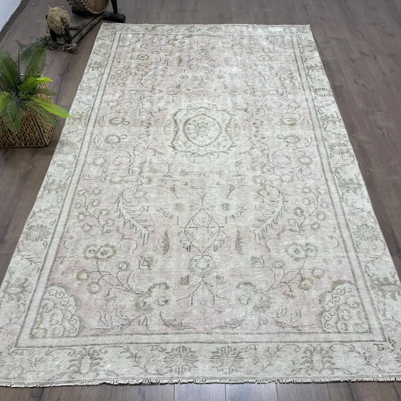 トルコ製 Oushak ラグ 5.8x9.6 フィート、グレー ピンク 抽象ウール ヴィンテージ ラグ - 1