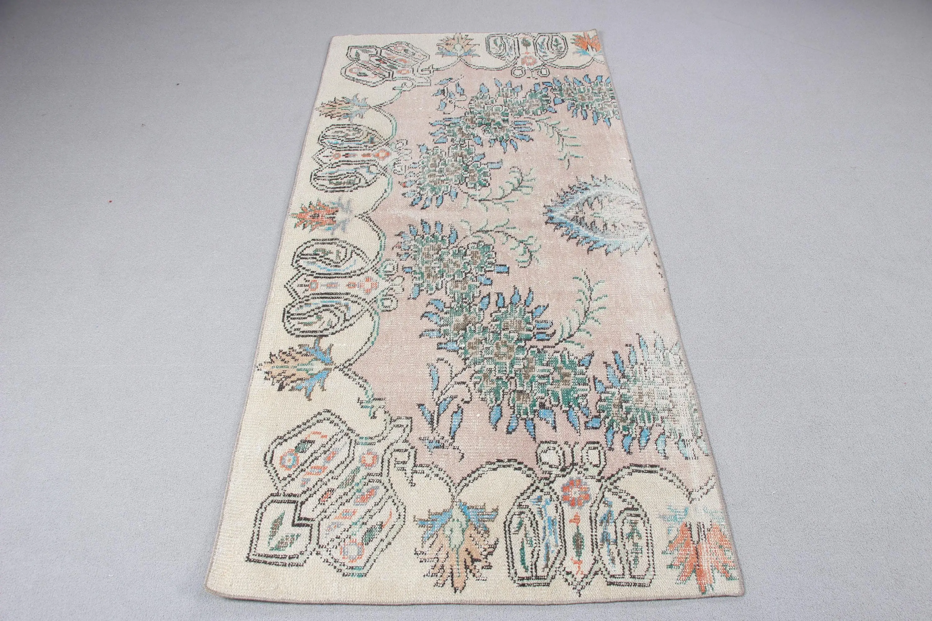 Vintage 3.1x6.6 ft Halı, Accent Türk Halısı, Mavi Pembe Kamuflaj Halı - 1